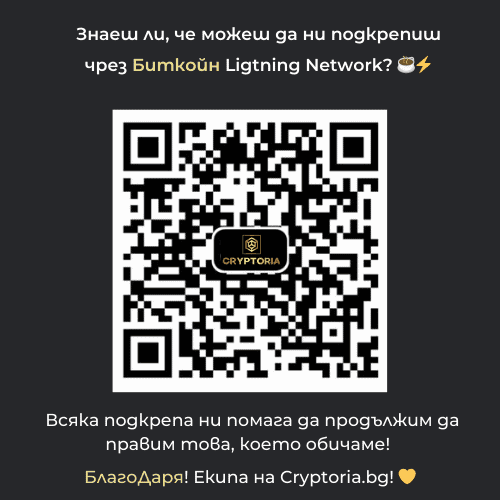QR код за дарения към Cryptoria.bg чрез Bitcoin Lightning Network върху тъмен фон.