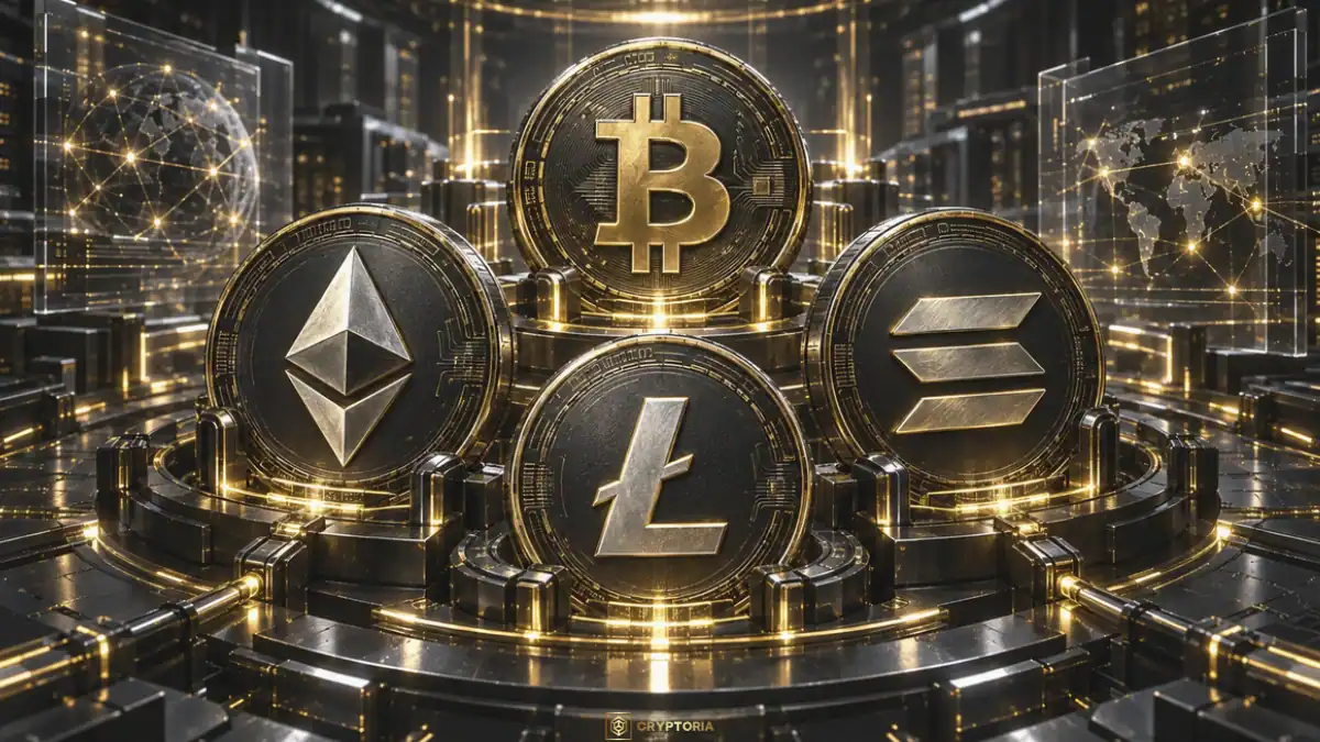 Алткойни и Биткойн Монети с логата на Биткойн, Етериум, Солана и Лайткойн върху тъмна технологична платформа със златисти и сребристи детайли, символизиращи заглавието на материала Какво е алткойн.