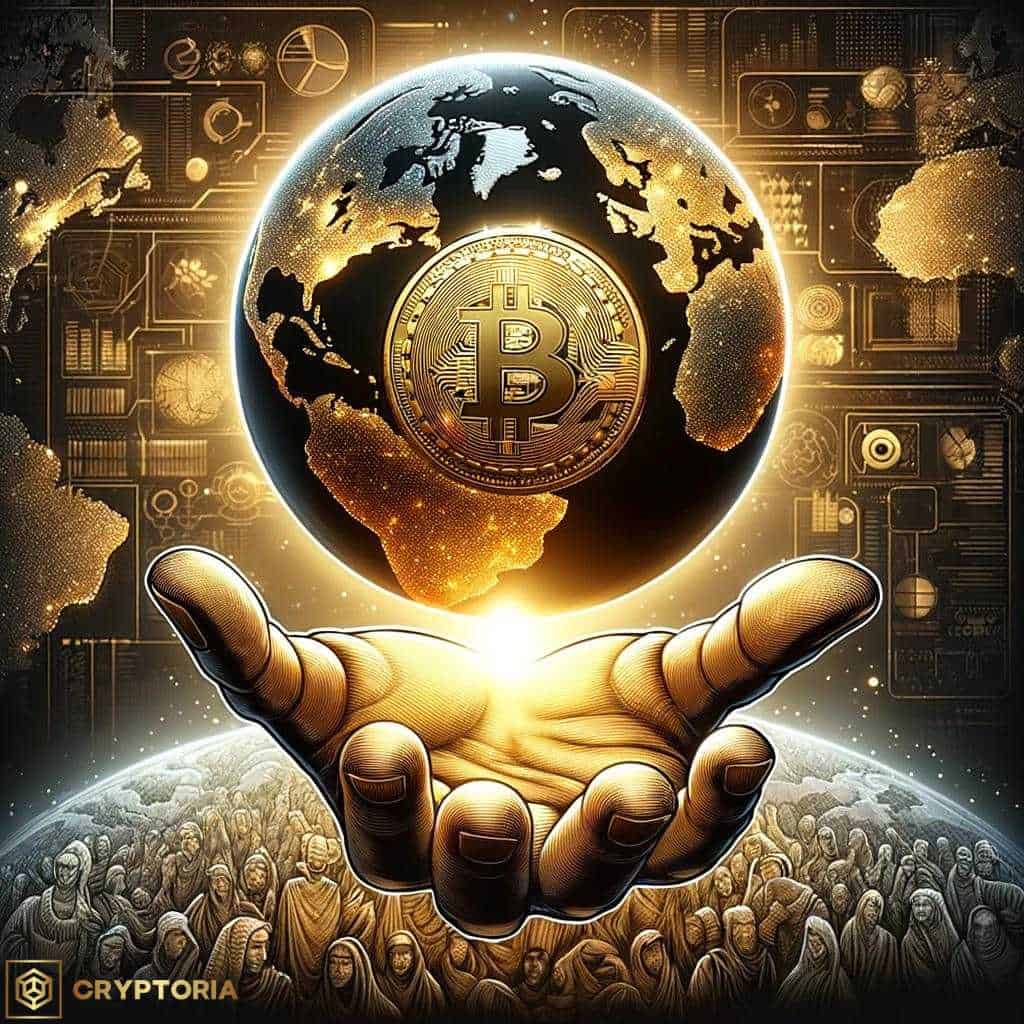 Биткойн като глобална финансова система, представен в ръка над света и хората