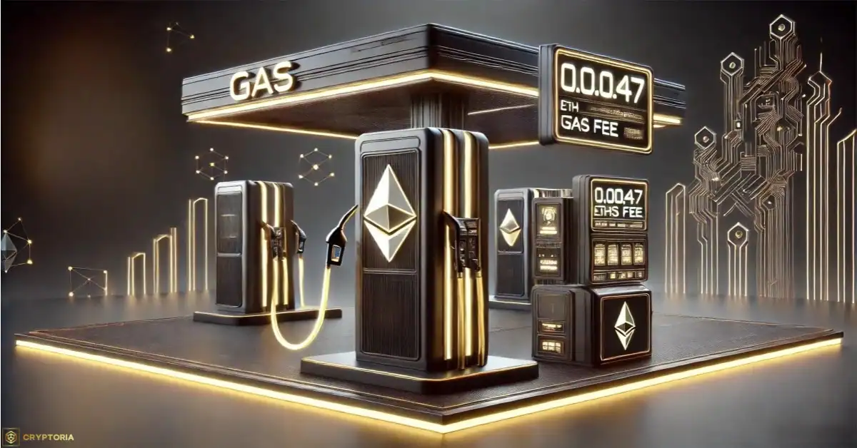 Какво е газ такса в крипто? Илюстрация на газ такси в Ethereum, представена като дигитална бензиностанция с ETH и стойности за gas fee.