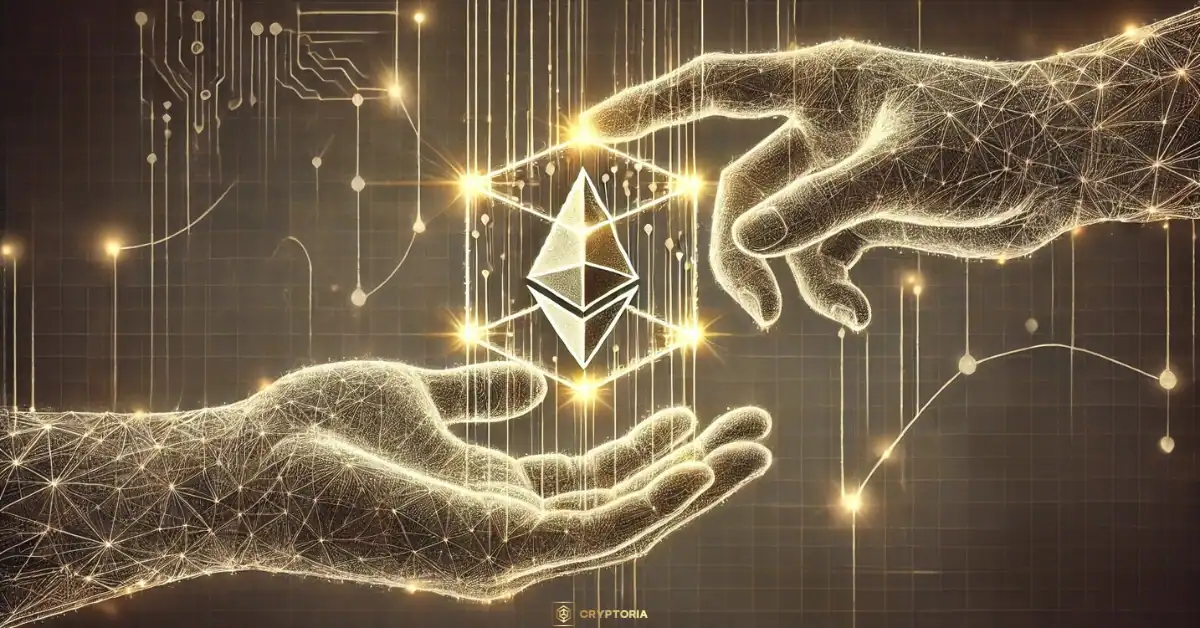 Какво е Крипто Кредитиране Две ръце обменят Ethereum символ, визуализирайки крипто кредитиране и DeFi заемане.