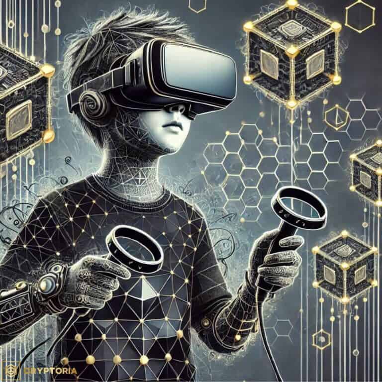 Илюстрация на GameFi екосистема, показваща потребител с VR очила, свързан с блокчейн мрежа, NFT елементи и дигитални активи.