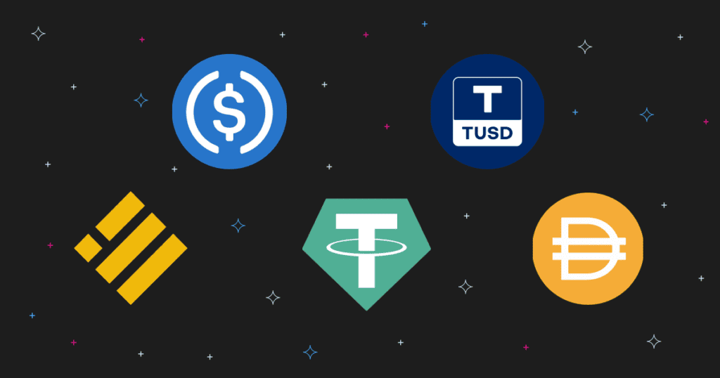 Стейбълкойни Thether (USDT),Binance USD (BUSD), Dai (DAI), True USD (TUSD) и USD Coin (USDC).