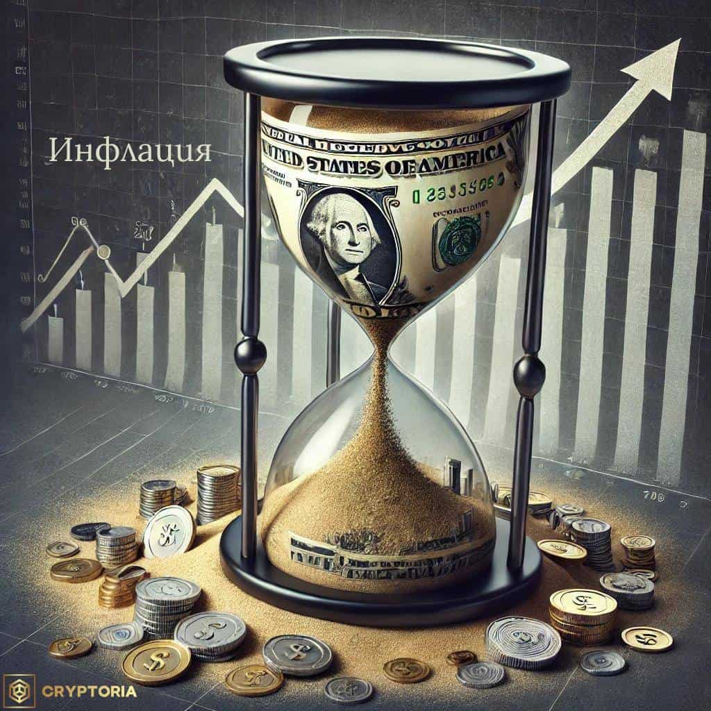 Пясъчен часовник с доларова банкнота, символизиращ инфлацията и загубата на покупателна стойност с времето.