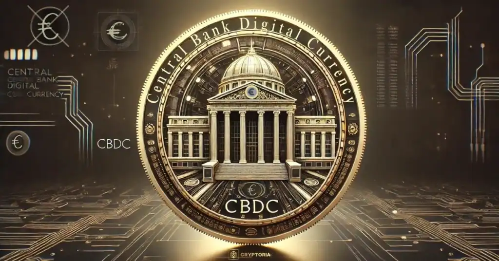 Илюстрация на CBDC като дигитална валута на централна банка, представена чрез институционална сграда и цифрови елементи.