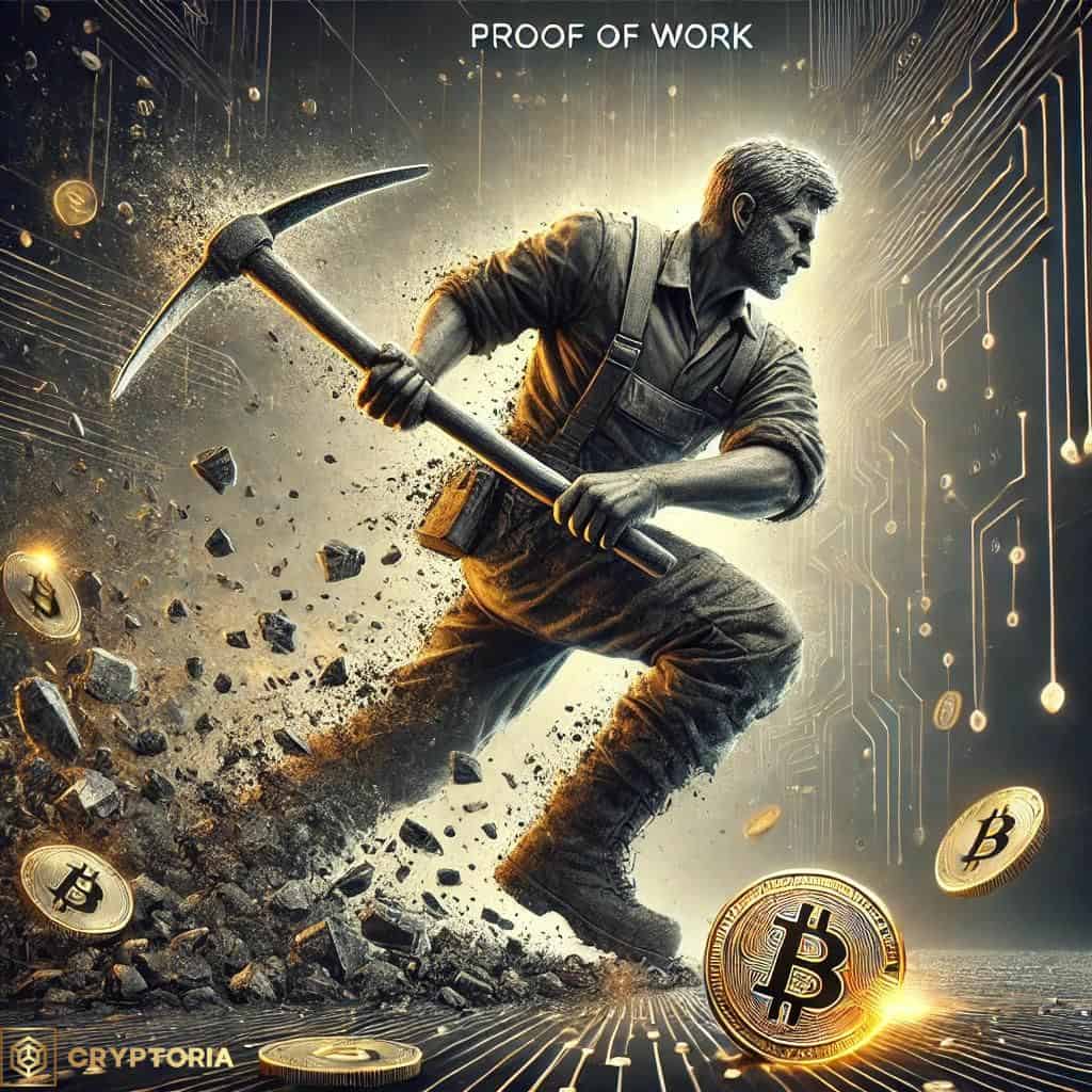 Какво е Доказателство за работа (Proof of Work – PoW). Миньор с кирка символизира Proof of Work консенсуса и копаенето на Биткойн в блокчейн мрежа.