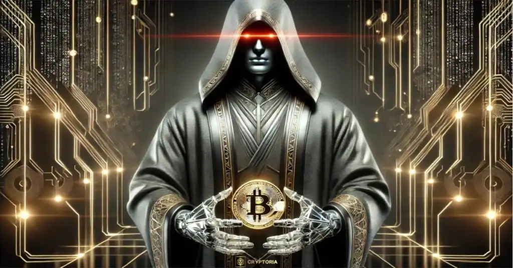 Стилизирана фигура, държаща Биткойн, символизираща HODL стратегия и дългосрочно съхранение на BTC.