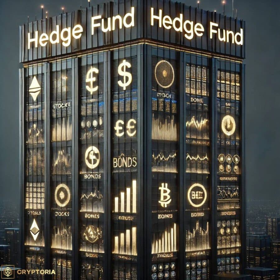 Сграда, символизираща крипто хедж фонд с графики, валутни символи и дигитални активи върху фасадата.