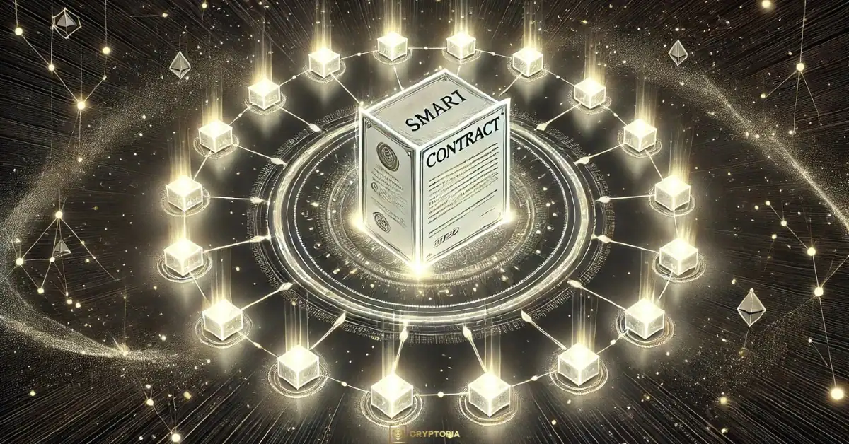 Какво е Умен договор (Smart contract)? Стилизирана илюстрация на смарт договор като централен дигитален блок, свързан с децентрализирана блокчейн мрежа.