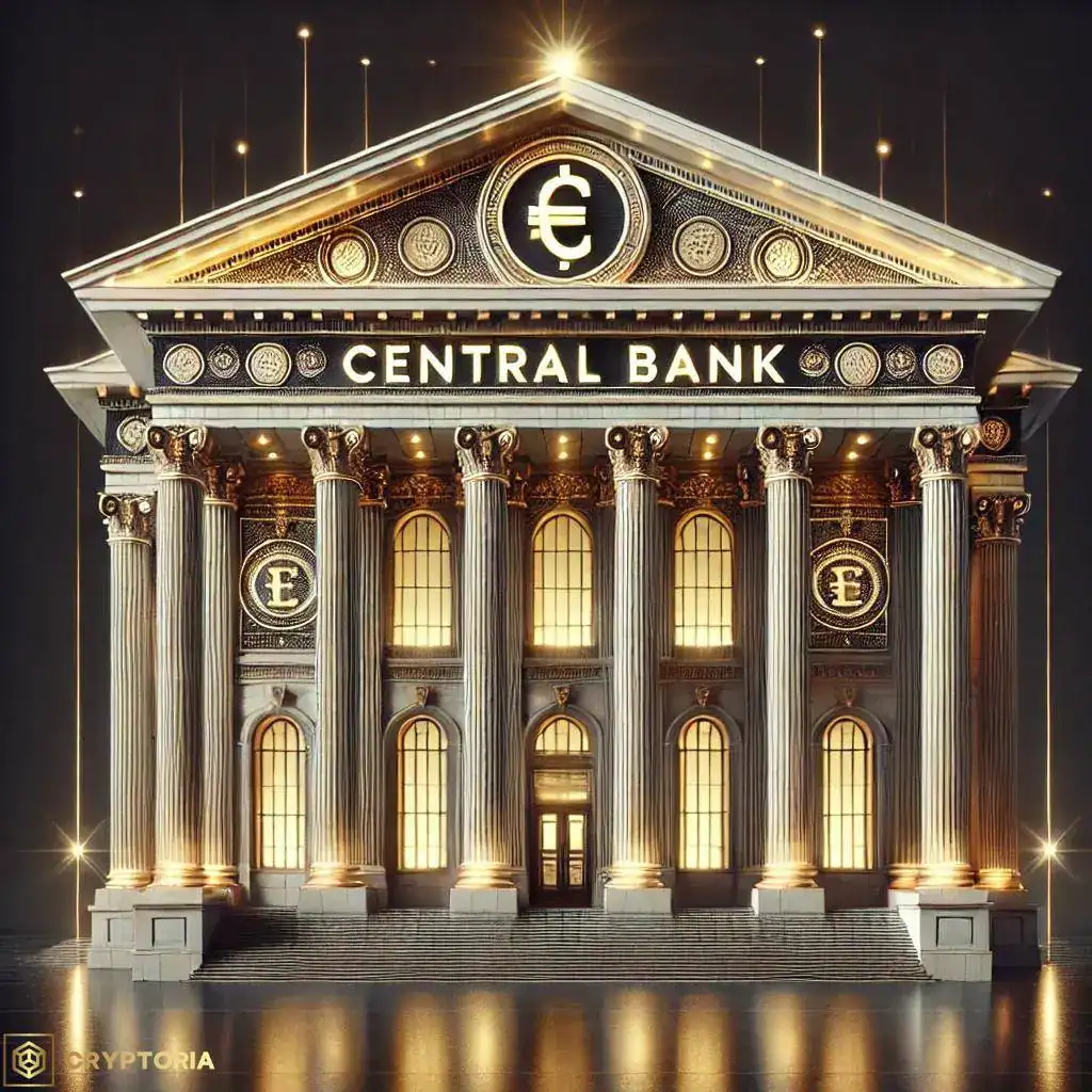 Стилизирана сграда на централна банка със символ на валута, представяща паричната политика и финансовия контрол.