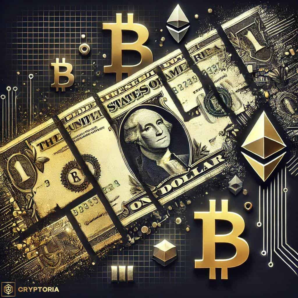 Дигитални валути и фиатни пари – долар, Биткойн и Етериум в обща визуална композиция.