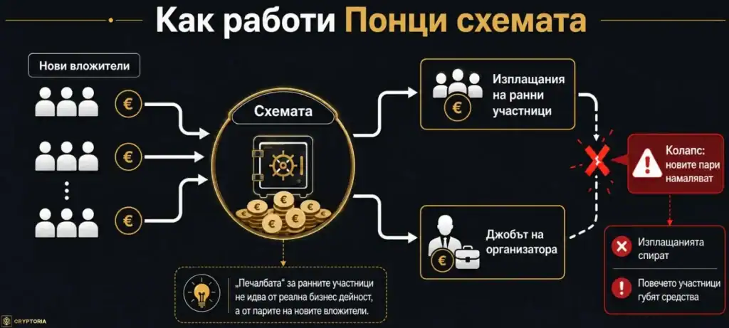 Инфографика как работи Понци схемата при която парите на новите вложители се използват за изплащания към ранни участници и към организатора
