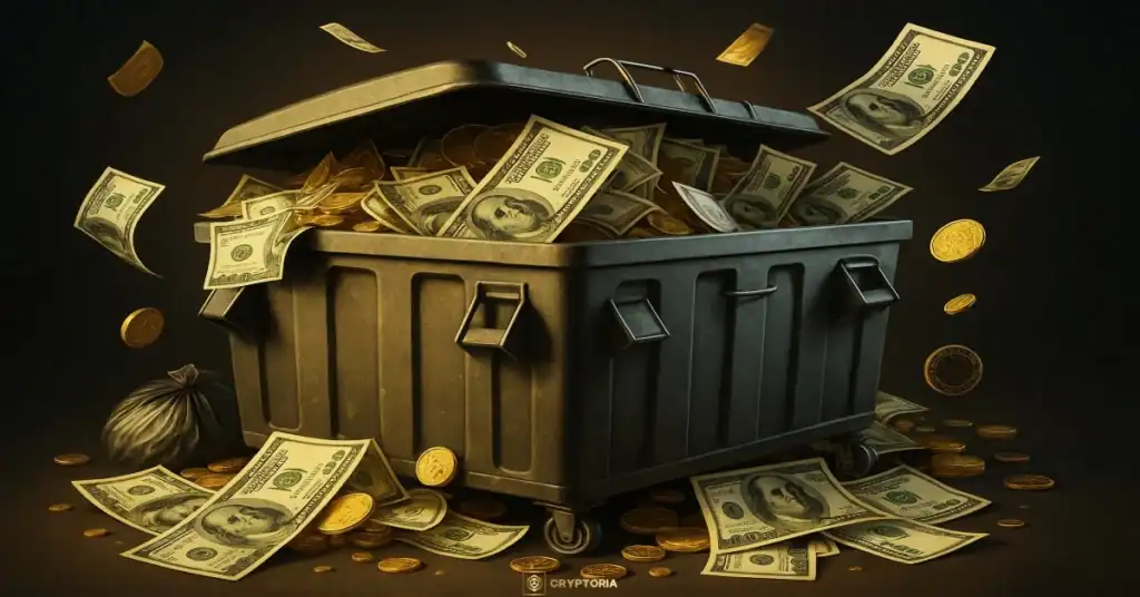 Контейнер, препълнен с банкноти и монети, символизиращ фиатна валута и обезценяване на парите.