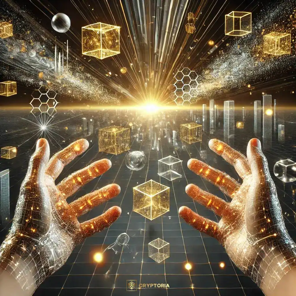 Абстрактна дигитална сцена с ръце, светлина и 3D обекти, символизираща метавселената и виртуалните светове.