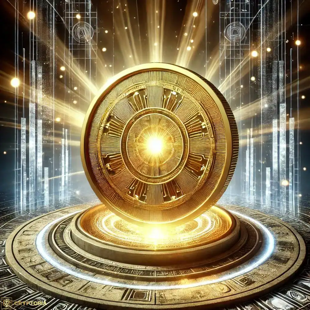 Какво е Полезен Токен (Utility Token) Златен дигитален токен в центъра на блокчейн среда, символизиращ utility token и неговата функционална роля в крипто екосистема.