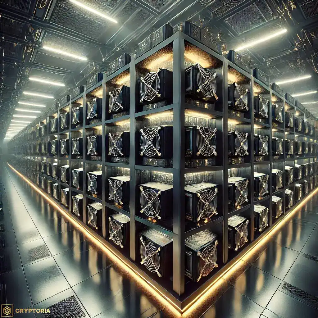 Индустриална крипто майнинг ферма с подредени ASIC устройства в редици, използвани за добив на биткойн и криптовалути.