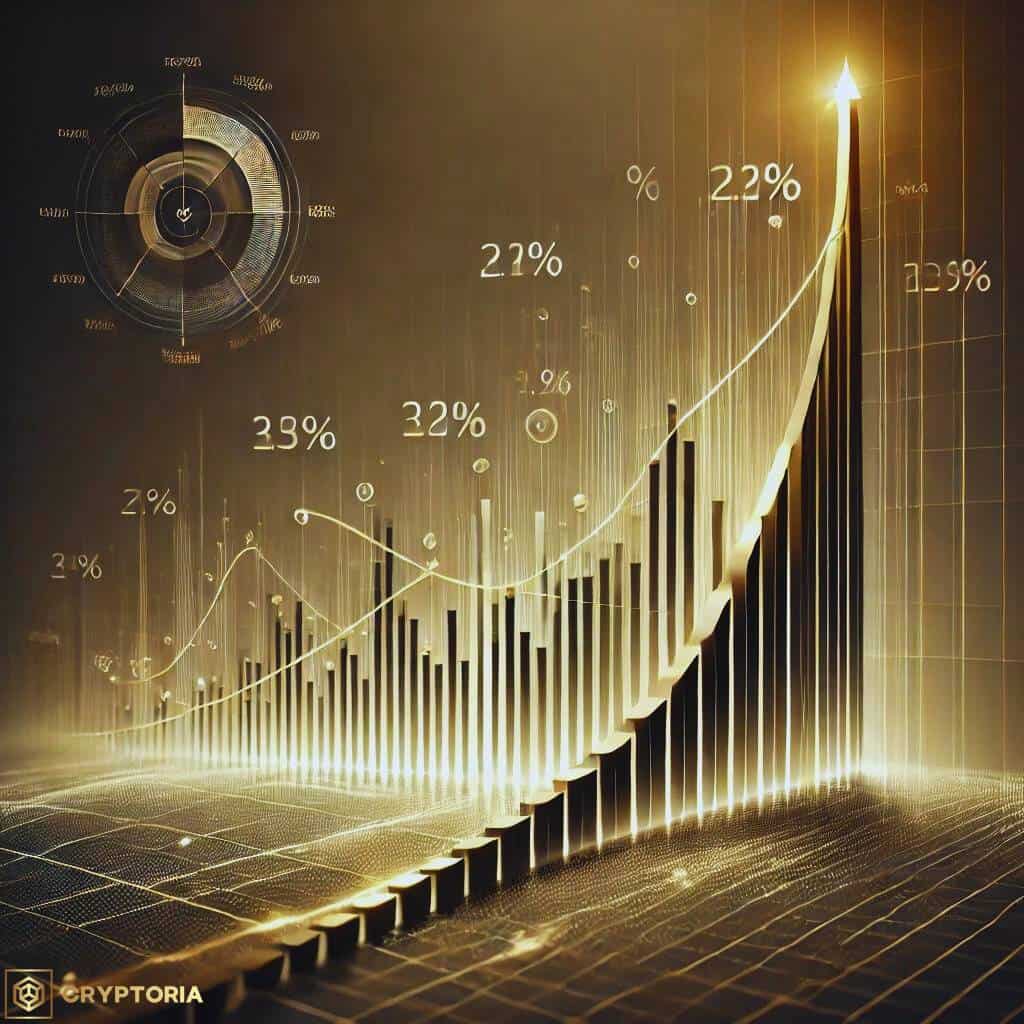 Илюстрация на пазарна капитализация с нарастваща бар-графика, възходяща линия и процентни стойности, показващи пазарен растеж.