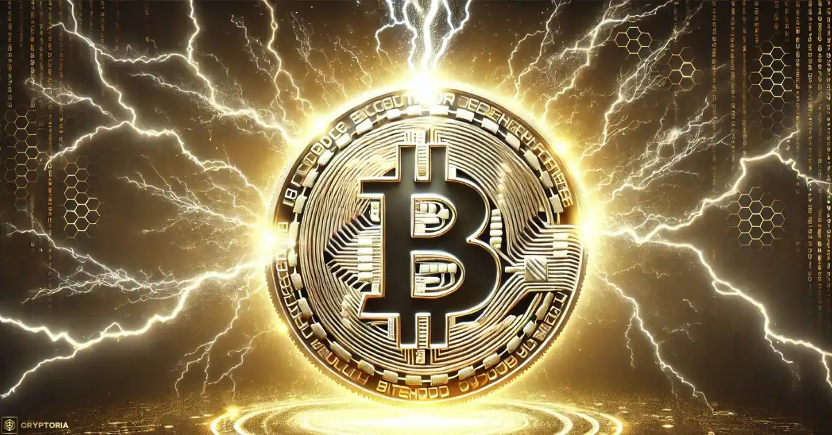 Какво е Lightning Network? Светеща Биткойн монета с електрически импулси, символизираща Lightning Network и бързи плащания.