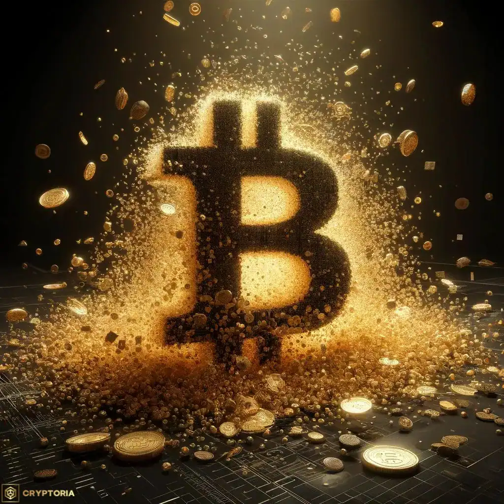 Какво е СатошиSats Най-малката Единица на Биткойн | Cryptoria.bg Златен символ на Bitcoin, разпадащ се на множество малки частици и монети, символизиращи сатошитата като най-малката единица на биткойн.