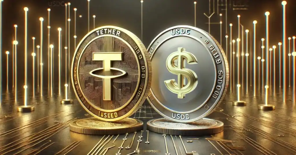 Две стабилкойн монети Tether (USDT) и USD Coin (USDC), символизиращи дигитални фиатни валути.