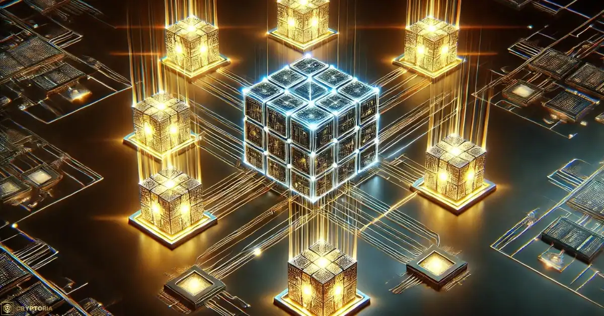 Какво е Втори Слой Блокчейн? | Cryptoria.bg Илюстрация на блокчейн от втори слой (Layer 2), показваща мащабиране чрез свързани вторични мрежи.