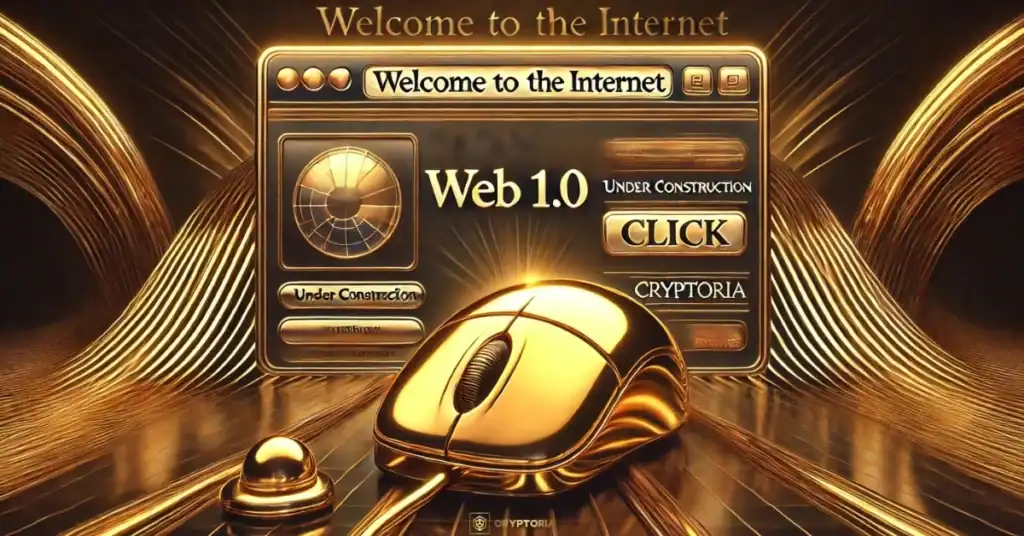 Илюстрация на Web1.0 интернет с ранна уеб страница, бутон „Click“ и класическа компютърна мишка.