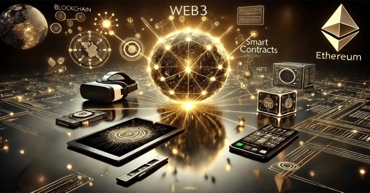 Какво е Web3? | Cryptoria.bg Илюстрация на Web3 екосистема с блокчейн, Ethereum, смарт договори, NFT и децентрализирани приложения.