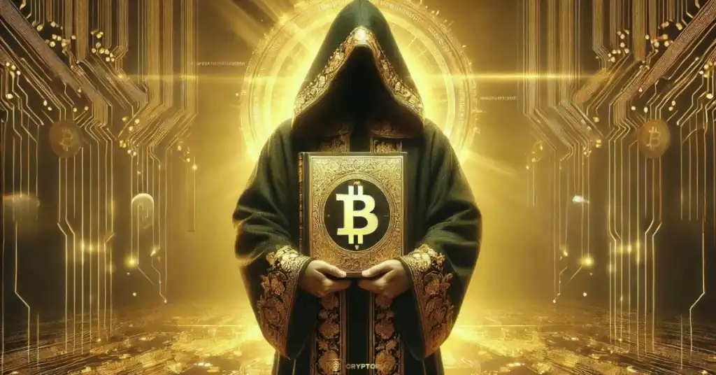 Анонимна фигура с наметало, държаща книга с логото на Биткойн, символизираща Сатоши Накамото.