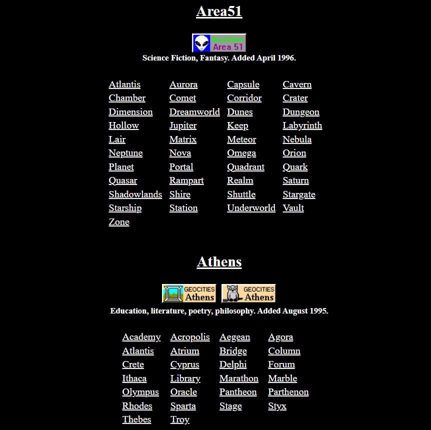 Възстановената галерия на архивираните уебсайтове на GeoCities
