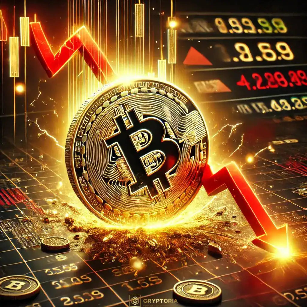 Американските Биткойн Спот ETF-и Отбелязват Най-Големия Дневен | Cryptoria.bg Биткойн символ с падащи червени стрелки, илюстриращ силен отлив от американските Bitcoin Spot ETF.