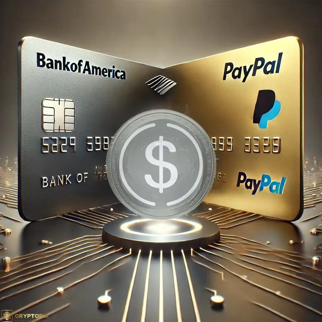 Банкова карта на Bank of America и PayPal карта, символизиращи конкуренцията на стейбълкойн пазара.