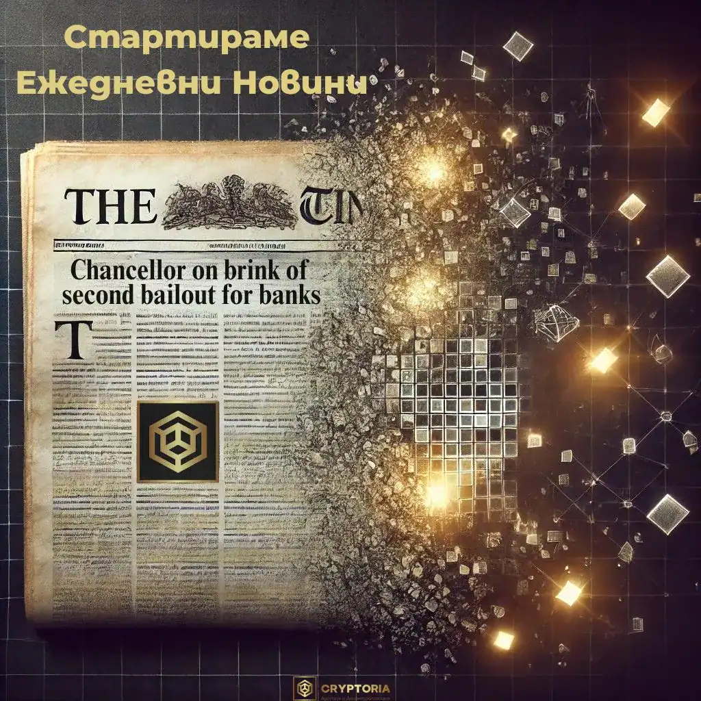 Стилизирана вестникарска страница, която се разпада в дигитални елементи, символизираща стартирането на ежедневни крипто новини.