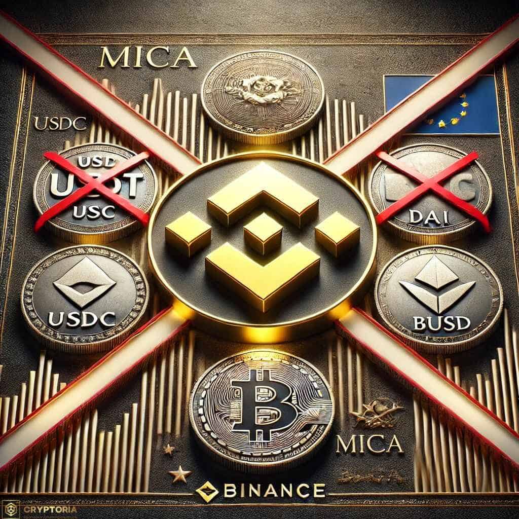 Символът на Binance, заобиколен от стейбълкойни с червен знак за забрана, и логото MiCA, илюстриращ спиране на несъвместими активи в ЕС.
