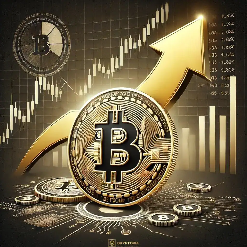 Биткойн, Криптовалутите и Акциите Рязко се Възстановиха от Ниските Нива Символ на Биткойн с възходяща стрелка и пазарни графики, показващи рязко възстановяване на цените.