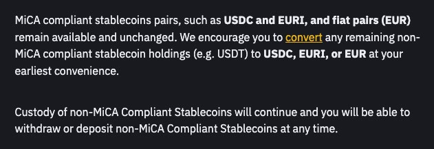 Част от изявлението на Binance относно премахването на стабилни монети, които не отговарят на регулаторните изисквания на MiCA. Източник: Binance