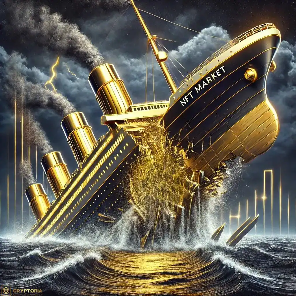Златен кораб с надпис „NFT Market“, който потъва в бурно море, символизирайки срив и спад в NFT пазара.