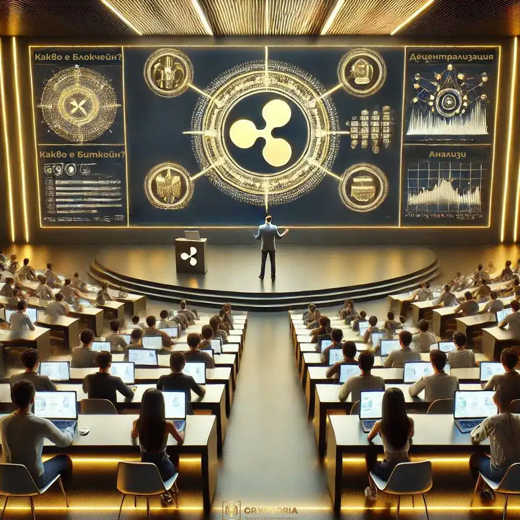 Лекция за блокчейн и Ripple пред аудитория, визуализираща крипто образование и децентрализация.