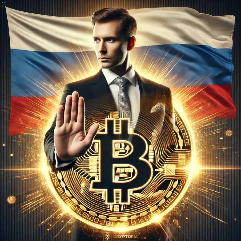 Илюстрация на мъж пред руското знаме, който спира с жест биткойн символ, олицетворяваща отказа на Русия от крипто резерви.