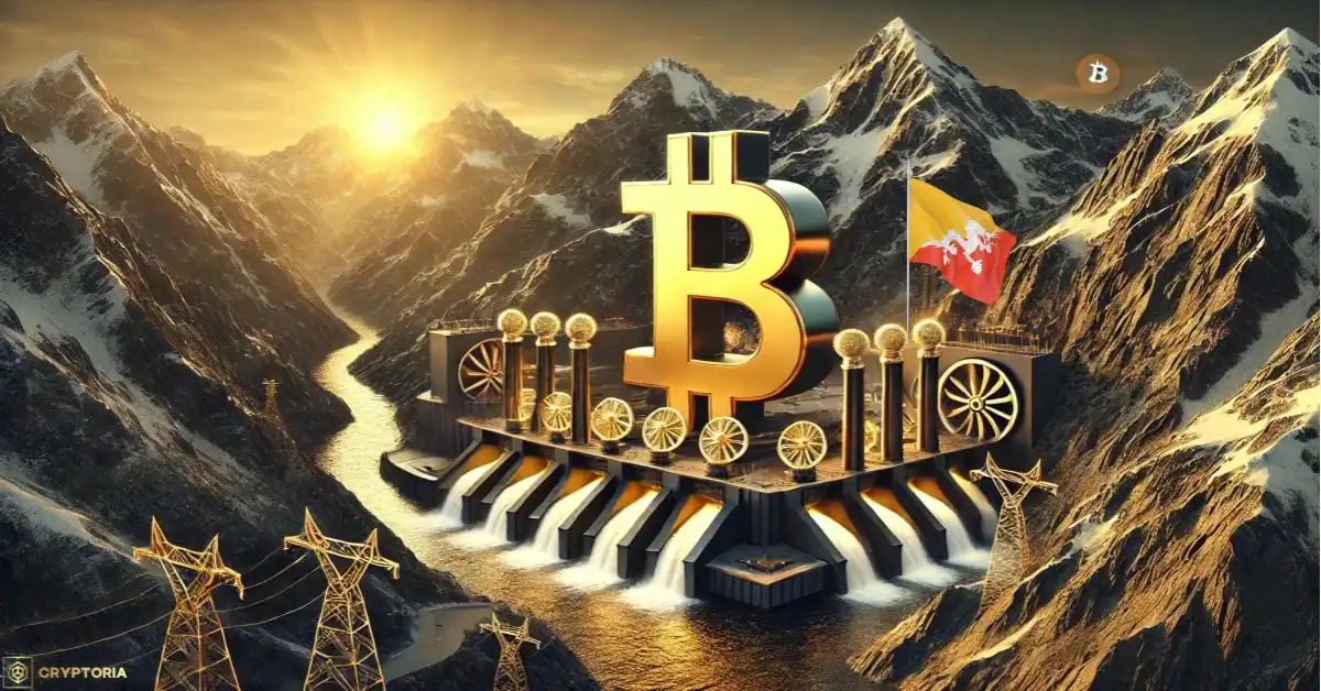 Бутан разработва национална стратегия за добив на Биткойн. Биткойн символ над хидроелектрическа централа в планински пейзаж на Бутан, символизиращ национална стратегия за добив на Bitcoin с водна енергия.