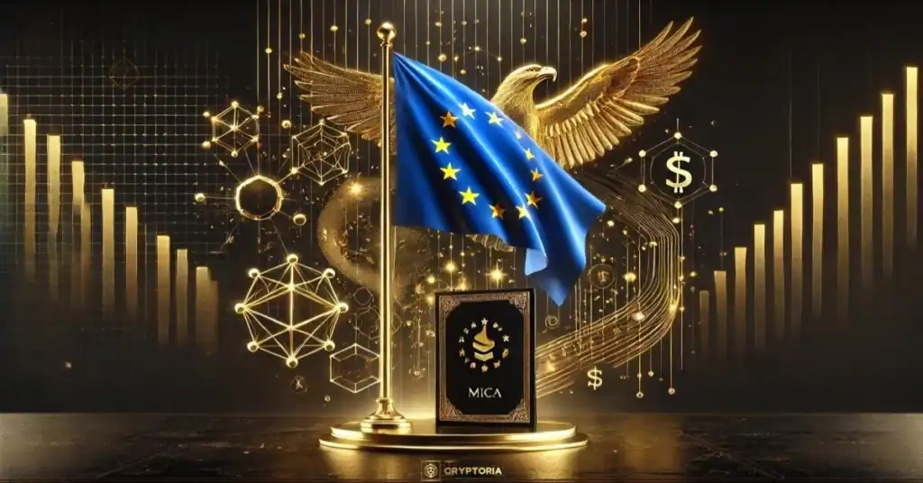 Знамето на Европейския съюз до книга „MiCA“, обградено от златни дигитални елементи, графики и символи на финансови пазари.