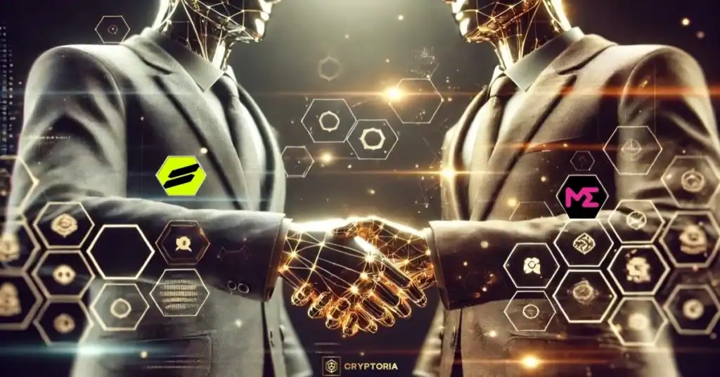 Две хуманоидни фигури си стискат ръцете с лога на Magic Eden и Slingshot, символизиращи придобиване и партньорство.