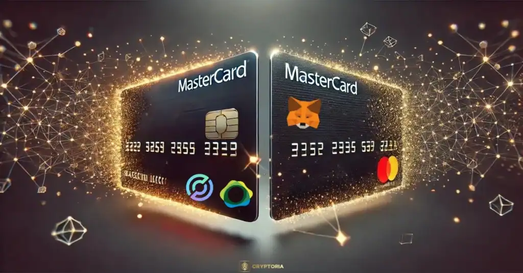 Две карти Mastercard с MetaMask дизайн, символизиращи нови крипто плащания и партньорства.