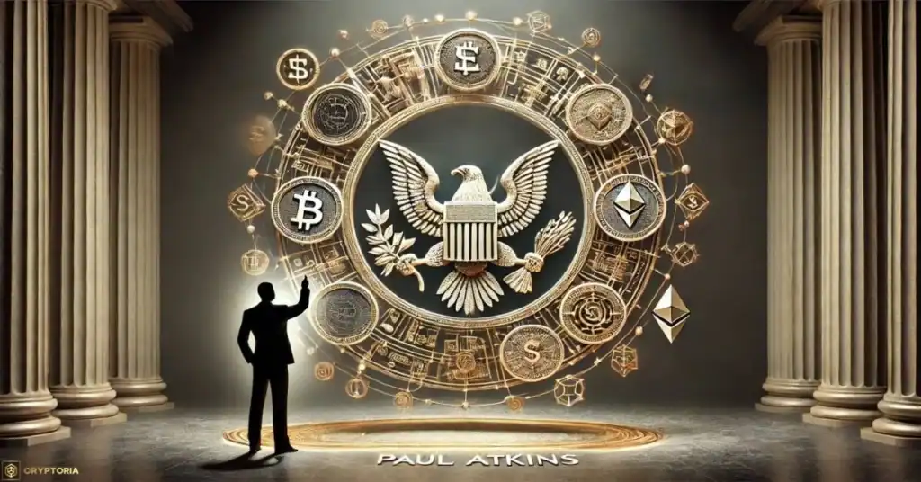 Илюстрация, символизираща назначаването на Пол Аткинс начело на SEC, с емблемата на САЩ, крипто символи и регулаторна рамка.