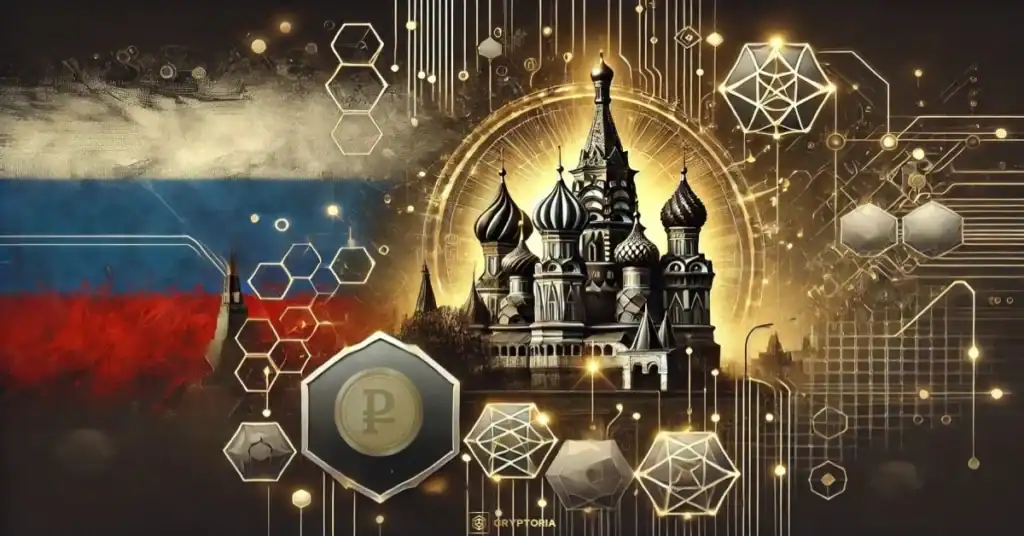 Илюстрация с руския флаг, катедралата „Свети Василий Блажени“ и криптографски елементи, символизиращи създаване на крипто борса в Русия.