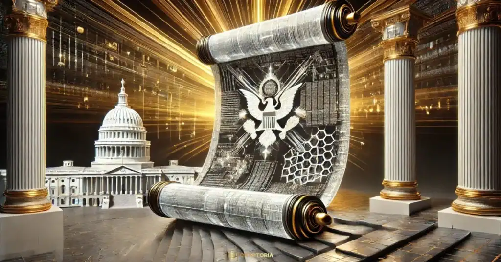 Свитък със символа на САЩ пред Капитолия, символизиращ първия приет закон в подкрепа на криптовалутите.