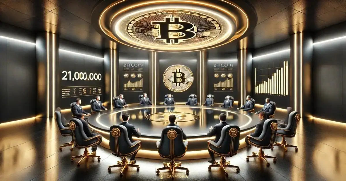Twenty One Capital влиза в битката за Биткойн доминация Бордова зала с ръководители около кръгла маса под голям символ на Биткойн, визуализираща институционална стратегия.