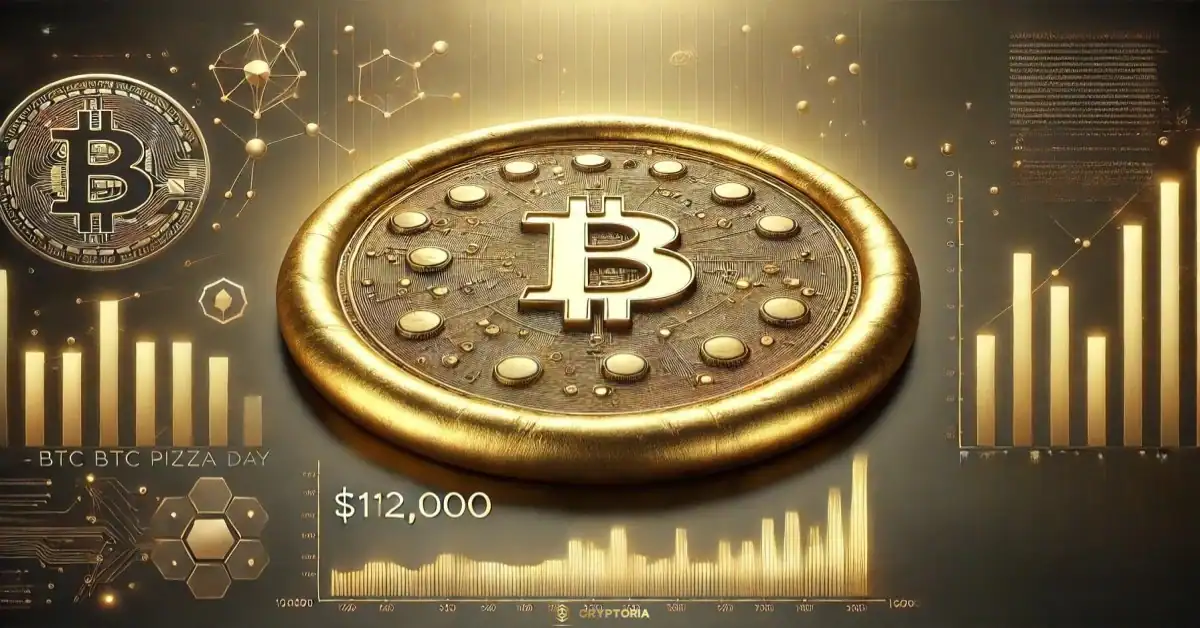 Биткойн Доближи Рекордните $112 000 на Празничния „BTC Pizza Day” Златна Биткойн пица с обозначена цена 112 000 долара, символизираща рекорден ръст на BTC.