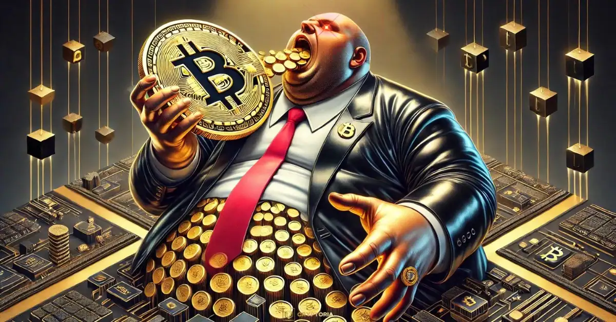 Глобални Компании Масово Приемат Биткойн Карикатурна фигура на корпорация, поглъщаща Биткойн, символизираща масовото институционално приемане на BTC.