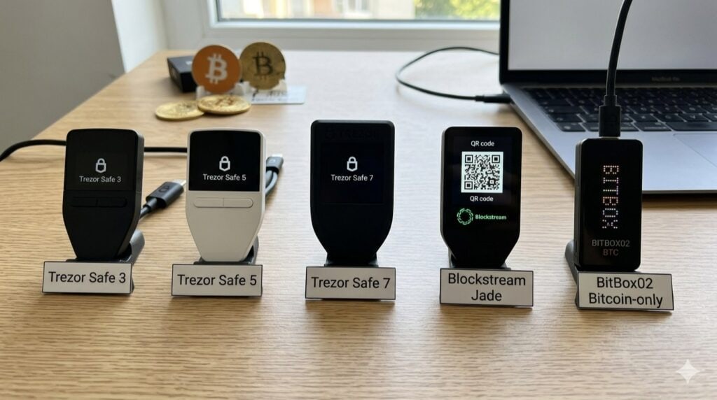 Пет различни модела хардуерни портфейли, включително Trezor Safe серии, Blockstream Jade и BitBox02 Bitcoin-only, показани на бюро.