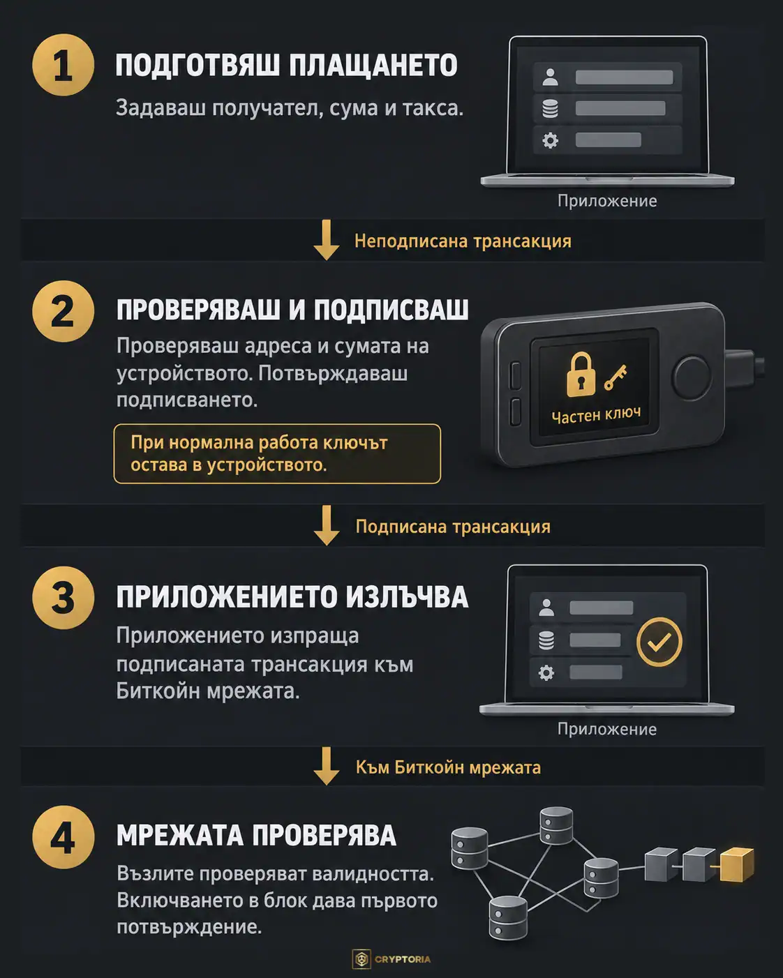 Четири стъпки при плащане с хардуерен портфейл: подготовка, подписване, излъчване и проверка от Биткойн мрежата.